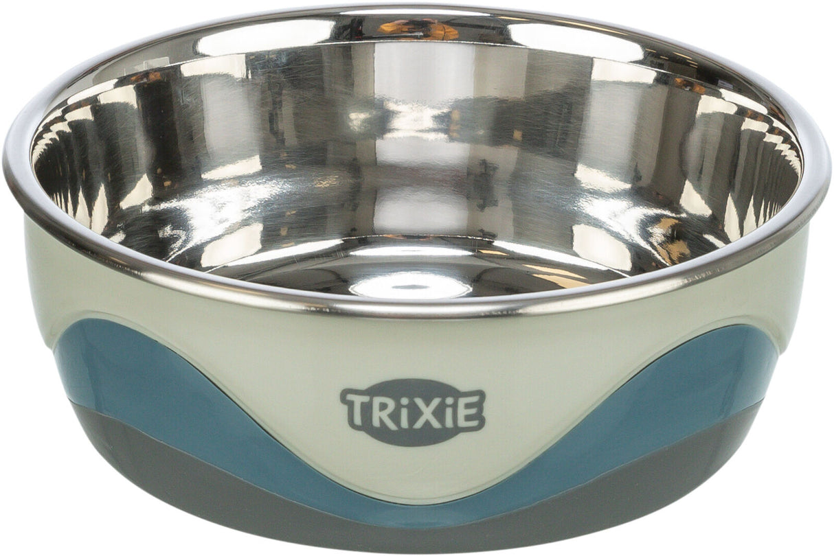 Metallschüssel mit blau-weißer Außenseite und einem Logo mit der Aufschrift "Trixie" in der Mitte.
