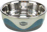 Metallschüssel mit blau-weißer Außenseite und einem Logo mit der Aufschrift "Trixie" in der Mitte.