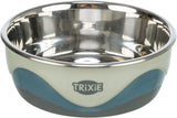 Metallschüssel mit blau-weißer Außenseite und einem Logo mit der Aufschrift "Trixie" in der Mitte.
