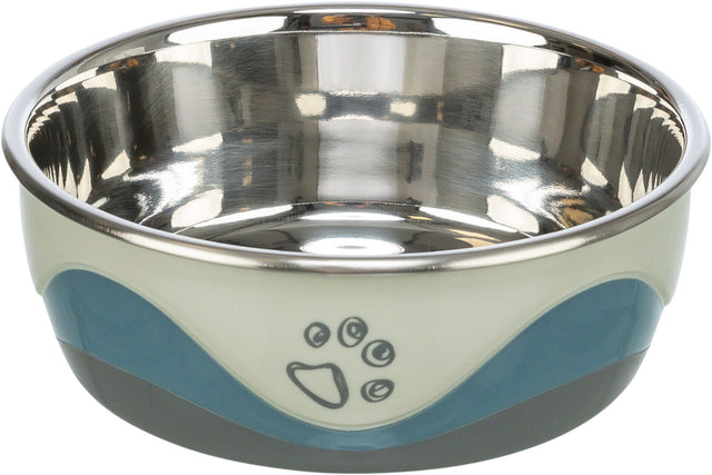 Metallschale mit blau-weißem Rand und Pfotenabdruck verziert, glänzende Innenseite.