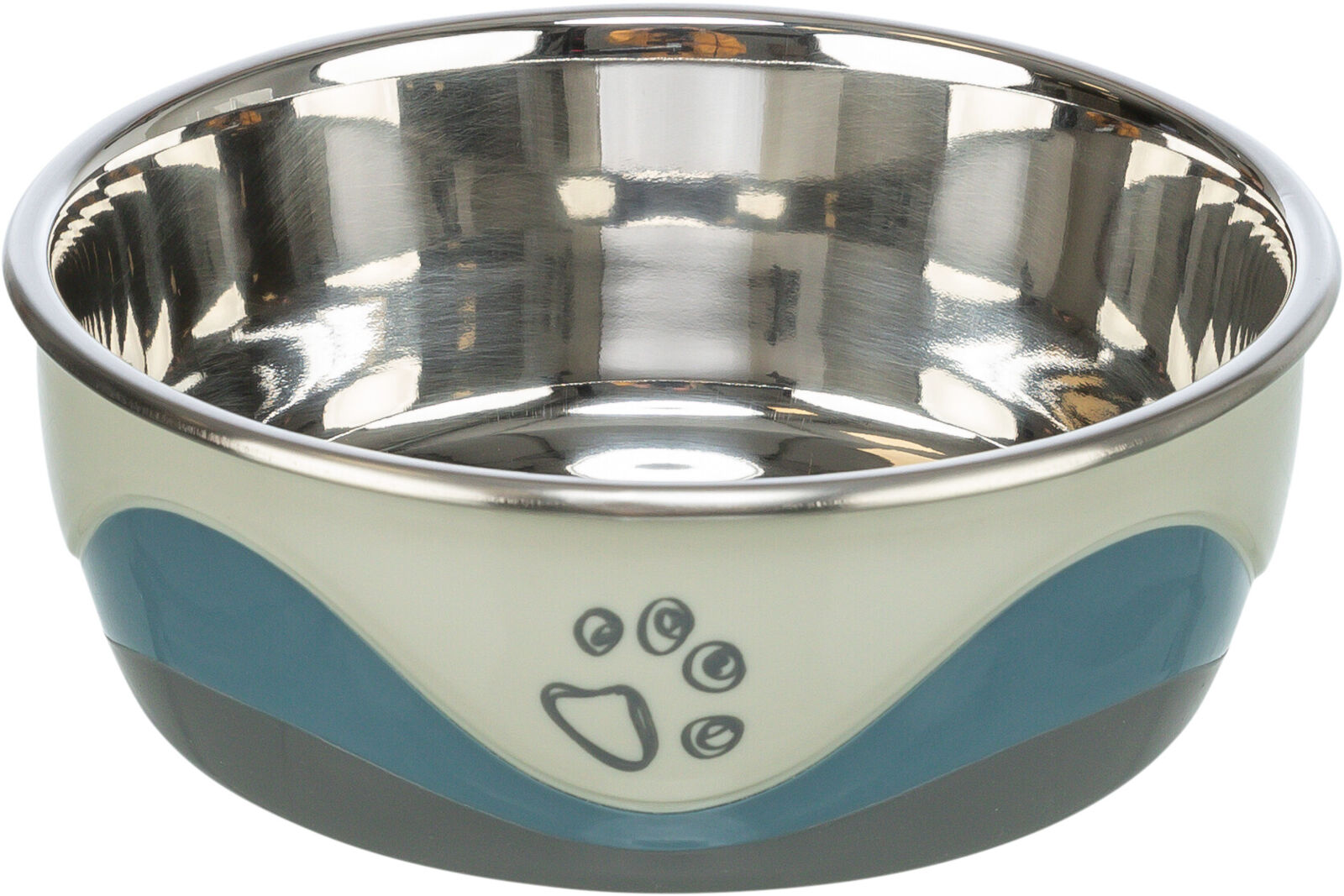 Metallschale mit blau-weißem Rand und Pfotenabdruck verziert, glänzende Innenseite.