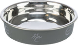 Graue Fressnapf aus Metall mit reflektierendem Inneren und Pfotenmotiv auf der Seite.