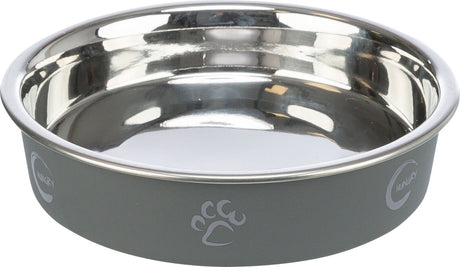 Graue Fressnapf aus Metall mit reflektierendem Inneren und Pfotenmotiv auf der Seite.