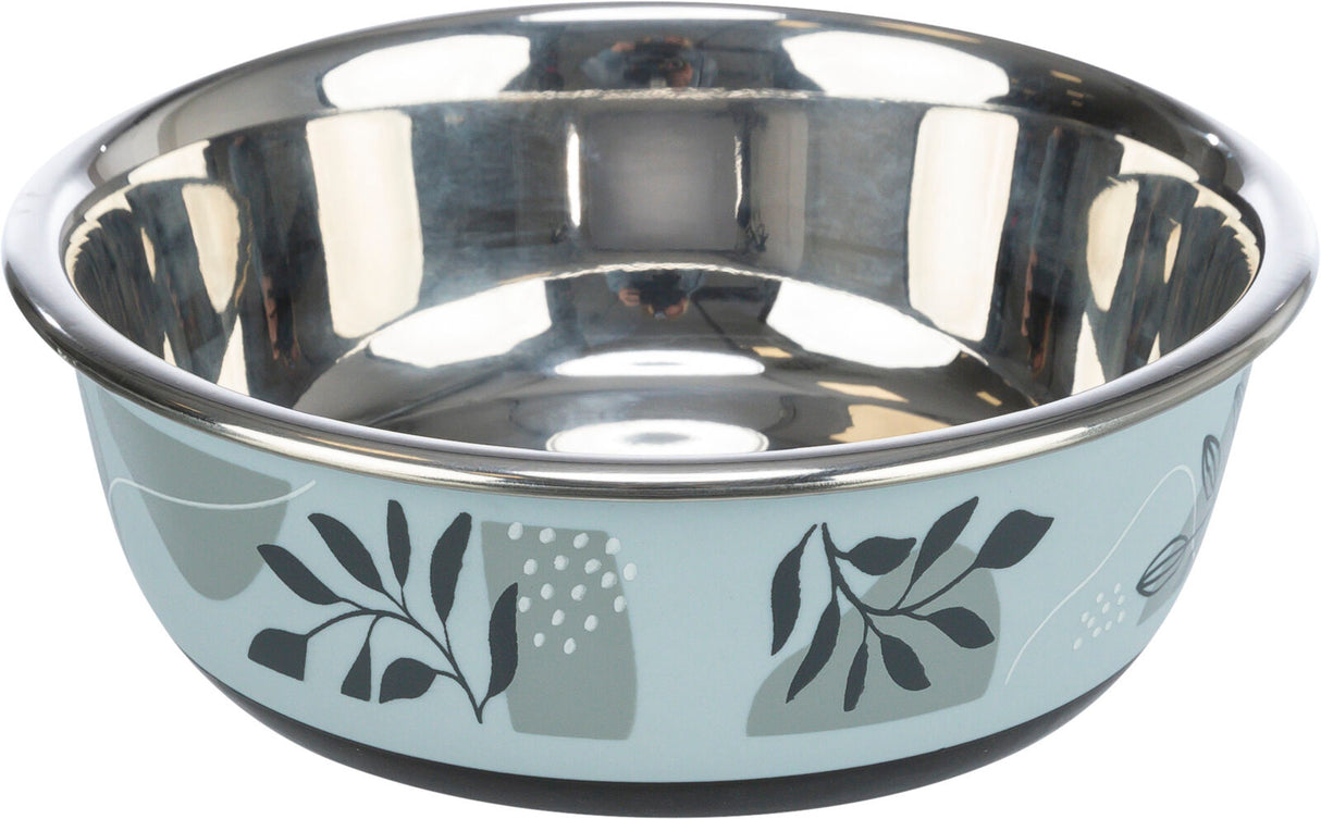 Metallschale mit glänzendem Inneren, blauem Äußeren und floralem Muster in Schwarz und Weiß.