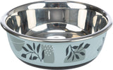 Metallschale mit glänzendem Inneren, blauem Äußeren und floralem Muster in Schwarz und Weiß.