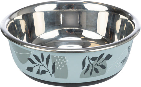 Metallschale mit glänzendem Inneren, blauem Äußeren und floralem Muster in Schwarz und Weiß.