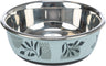 Metallschale mit glänzendem Inneren, blauem Äußeren und floralem Muster in Schwarz und Weiß.