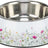 Metallschüssel mit floralem Muster auf weißem Untergrund, bunte Blumenmotive rundherum, glänzendem Finish.