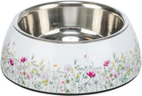 Metallschüssel mit floralem Muster auf weißem Untergrund, bunte Blumenmotive rundherum, glänzendem Finish.