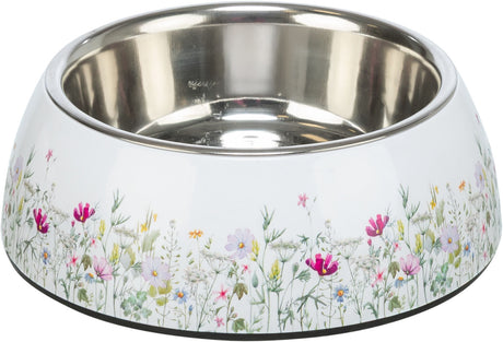 Metallschüssel mit floralem Muster auf weißem Untergrund, bunte Blumenmotive rundherum, glänzendem Finish.