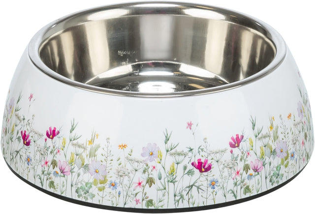 Metallschüssel mit floralem Muster auf weißem Untergrund, bunte Blumenmotive rundherum, glänzendem Finish.