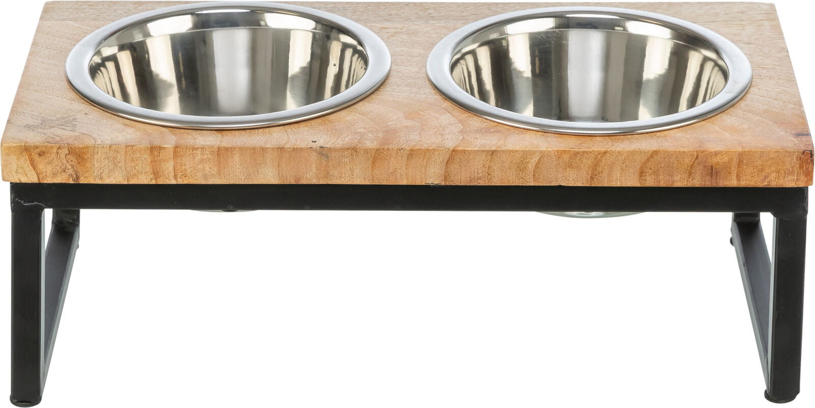 Erhöhter Hundenapf aus Holz mit zwei Edelstahl-Schüsseln, auf einem schwarzen Metallgestell.