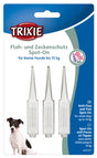 Verpackung des Trixie Floh- und Zeckenschutz Spot-On für kleine Hunde bis 15 kg, mit drei weißen Pipetten und einem Hundebild.