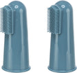 Zwei blaue Silikonfingerzahnbürsten mit kurzen Borsten und glatter Oberfläche.