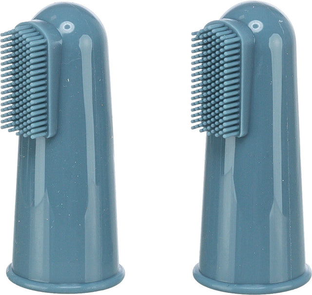 Zwei blaue Silikonfingerzahnbürsten mit kurzen Borsten und glatter Oberfläche.