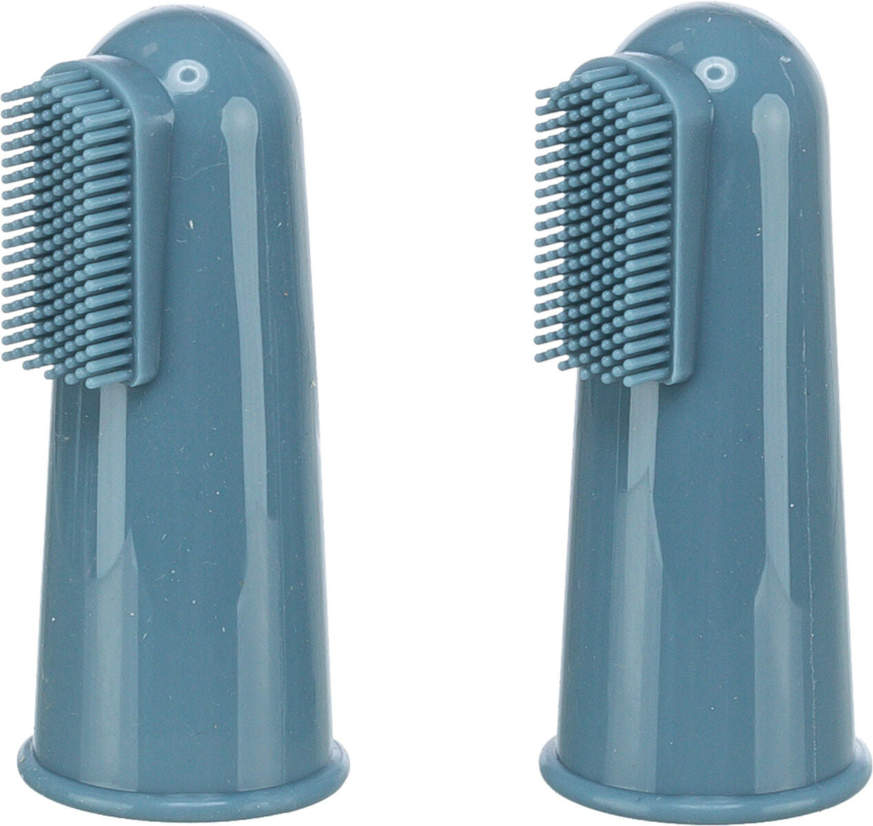 Zwei blaue Silikonfingerzahnbürsten mit kurzen Borsten und glatter Oberfläche.