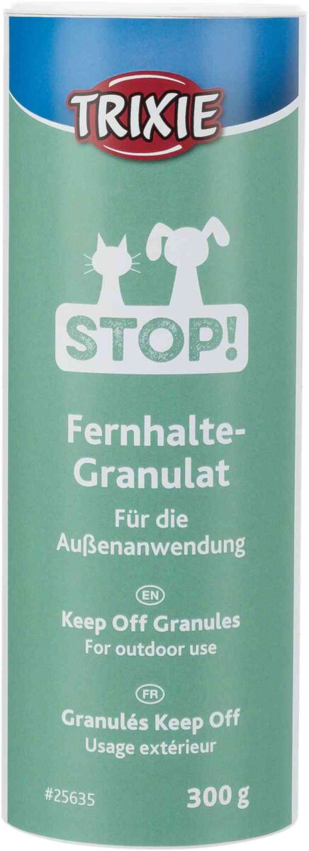 Grüne Verpackung mit der Aufschrift "Fernhalte-Granulat" für Außenanwendung von der Marke Trixie, 300 g.