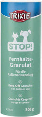 Grüne Verpackung mit der Aufschrift "Fernhalte-Granulat" für Außenanwendung von der Marke Trixie, 300 g.