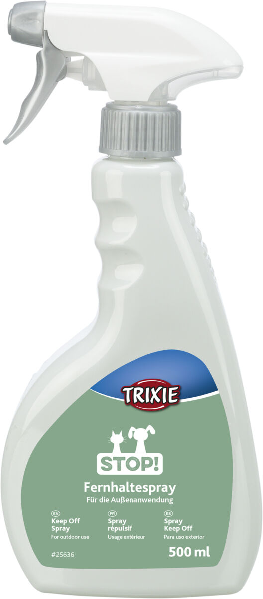 Weiße Sprühflasche mit grünem Etikett der Marke Trixie, 500 ml, für Fernhaltespray zur Außenanwendung.