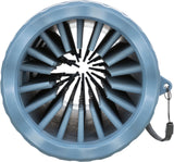 Rundes blaues Kunststoffobjekt mit mehreren parallel angeordneten Rippen im Inneren und einem angebrachten Riemen.