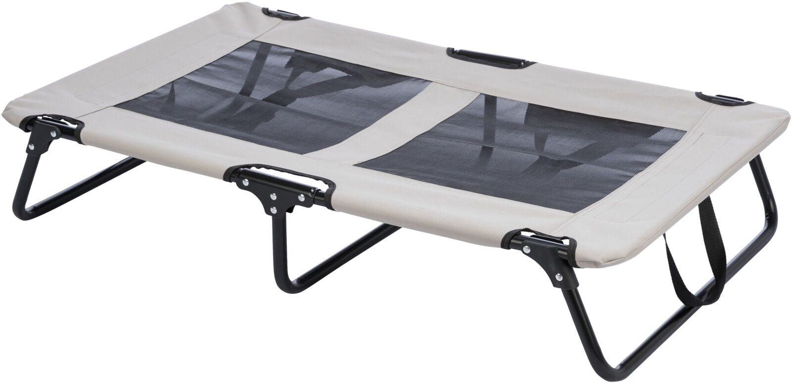 Beige erhöhtes Hundebett mit schwarzem Metallrahmen und schwarzem Mesh-Einsatz.