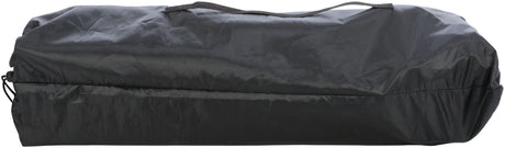 Schwarze, rechteckige Tasche aus glattem Material mit Tragegriff an der Oberseite.