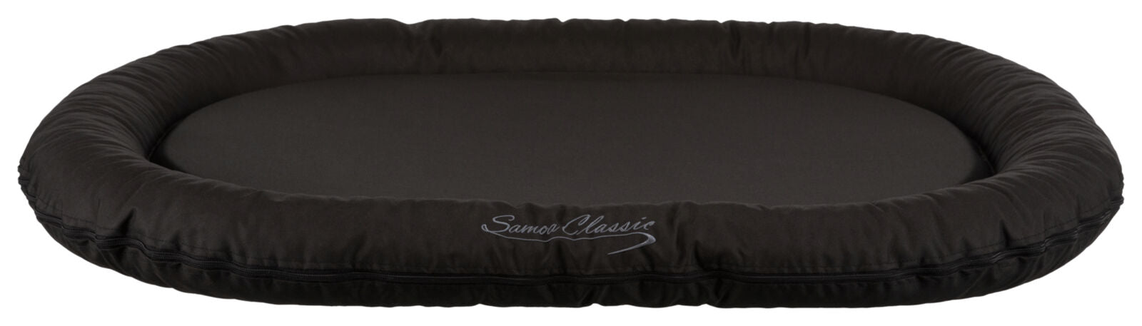 Ovales schwarzes Kissen mit einem gestickten Schriftzug "Samoo Classic" am Rand.