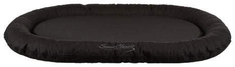 Ovales schwarzes Kissen mit einem gestickten Schriftzug "Samoo Classic" am Rand.