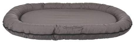 Graues, ovales Hundebett mit gepolstertem Rand, Aufschrift "Samoa Classic", glatte Oberfläche.