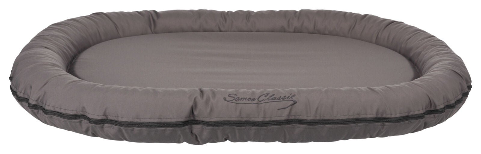 Graues, ovales Hundebett mit gepolstertem Rand, Aufschrift "Samoa Classic", glatte Oberfläche.