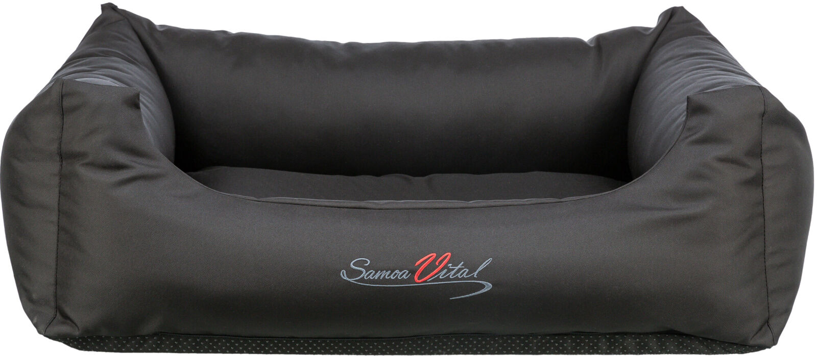 Schwarzes rechteckiges Kissen mit erhöhten Seiten und "Samoa Vital" Logo auf der Vorderseite.