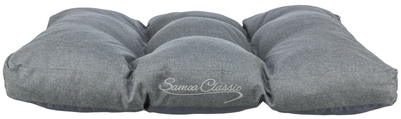 Graues, gepolstertes Kissen mit der Aufschrift "Samoa Classic" auf der Vorderseite.