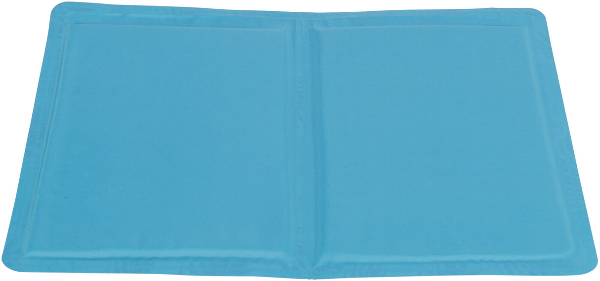 Rechteckige blaue Matte mit leichter Polsterung und abgenähtem Rand auf einer weißen Fläche.