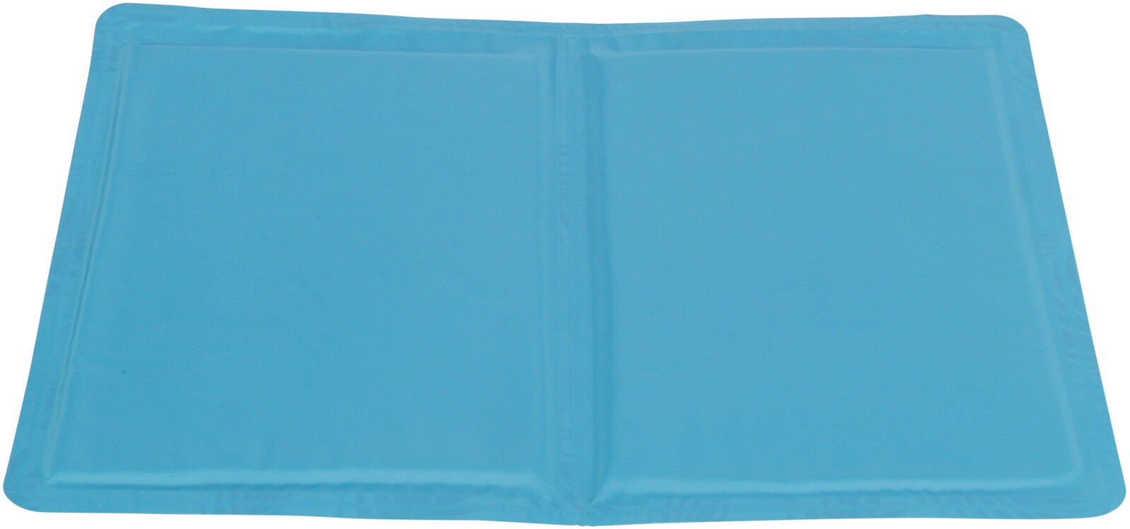 Rechteckige blaue Matte mit leichter Polsterung und abgenähtem Rand auf einer weißen Fläche.