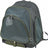 Grauer Rucksack mit grünen Akzenten und Mesh-Einsätzen, rechteckige Form mit Reißverschlüssen und Ösen.