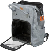 Grauer Transport-Rucksack mit geöffnetem Netz-Reißverschluss, zwei Tragegriffen und seitlicher Tasche.
