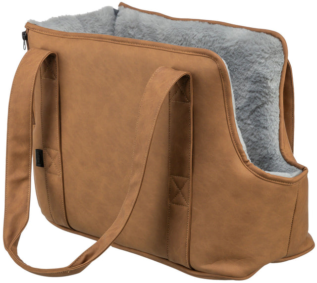 Braune Transporttasche mit grauem, weichem Innenfutter und zwei Tragegriffen.