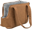 Braune Tasche mit langen Trägern und grauem, fellartigem Innenfutter, offen an der Oberseite.