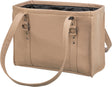 Sandfarbene Tasche mit zwei langen Tragegriffen aus glattem Material und dunklem Innenfutter.
