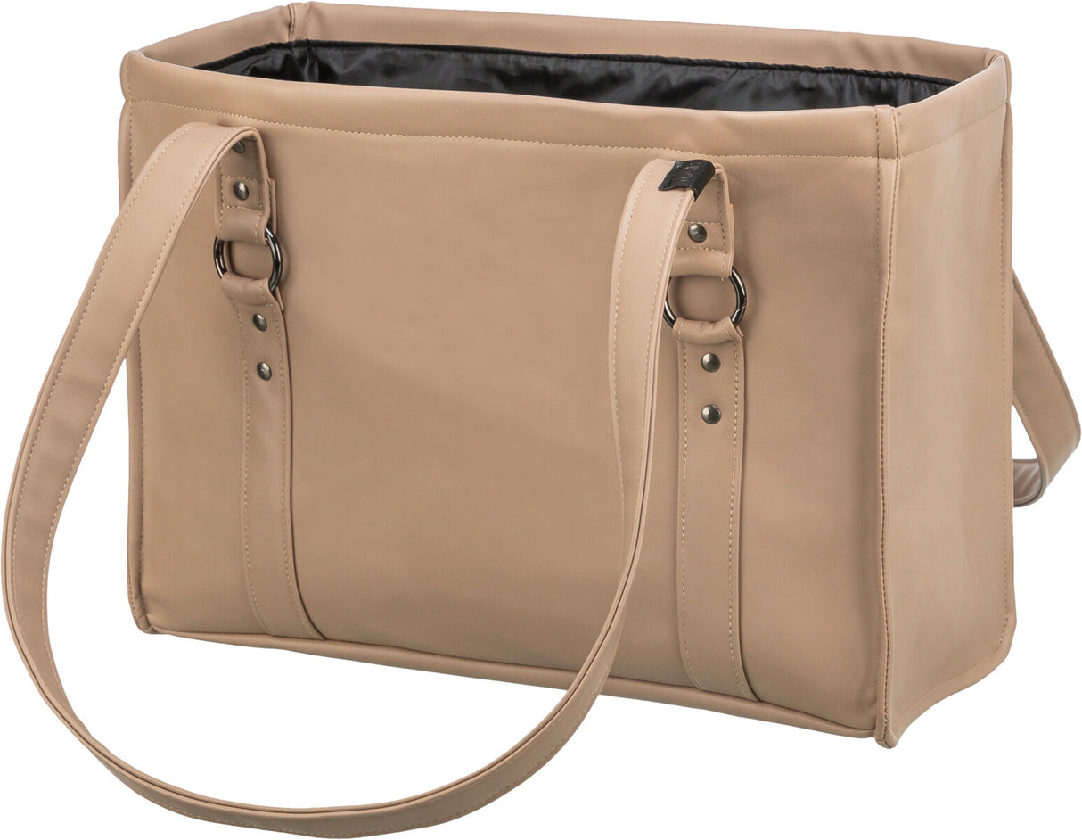 Sandfarbene Tasche mit zwei langen Tragegriffen aus glattem Material und dunklem Innenfutter.