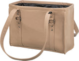 Sandfarbene Tasche mit zwei langen Tragegriffen aus glattem Material und dunklem Innenfutter.
