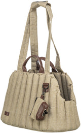 Beigefarbene Stofftasche mit braunen Griffen und einer kleinen, angebrachten Tasche, aus gestepptem Material.