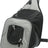 Grauer Transport-Rucksack mit schwarzem Netzstoff, Reißverschlüssen und einer gepolsterten Schulterriemen.