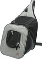 Grauer Transport-Rucksack mit schwarzem Netzstoff, Reißverschlüssen und einer gepolsterten Schulterriemen.