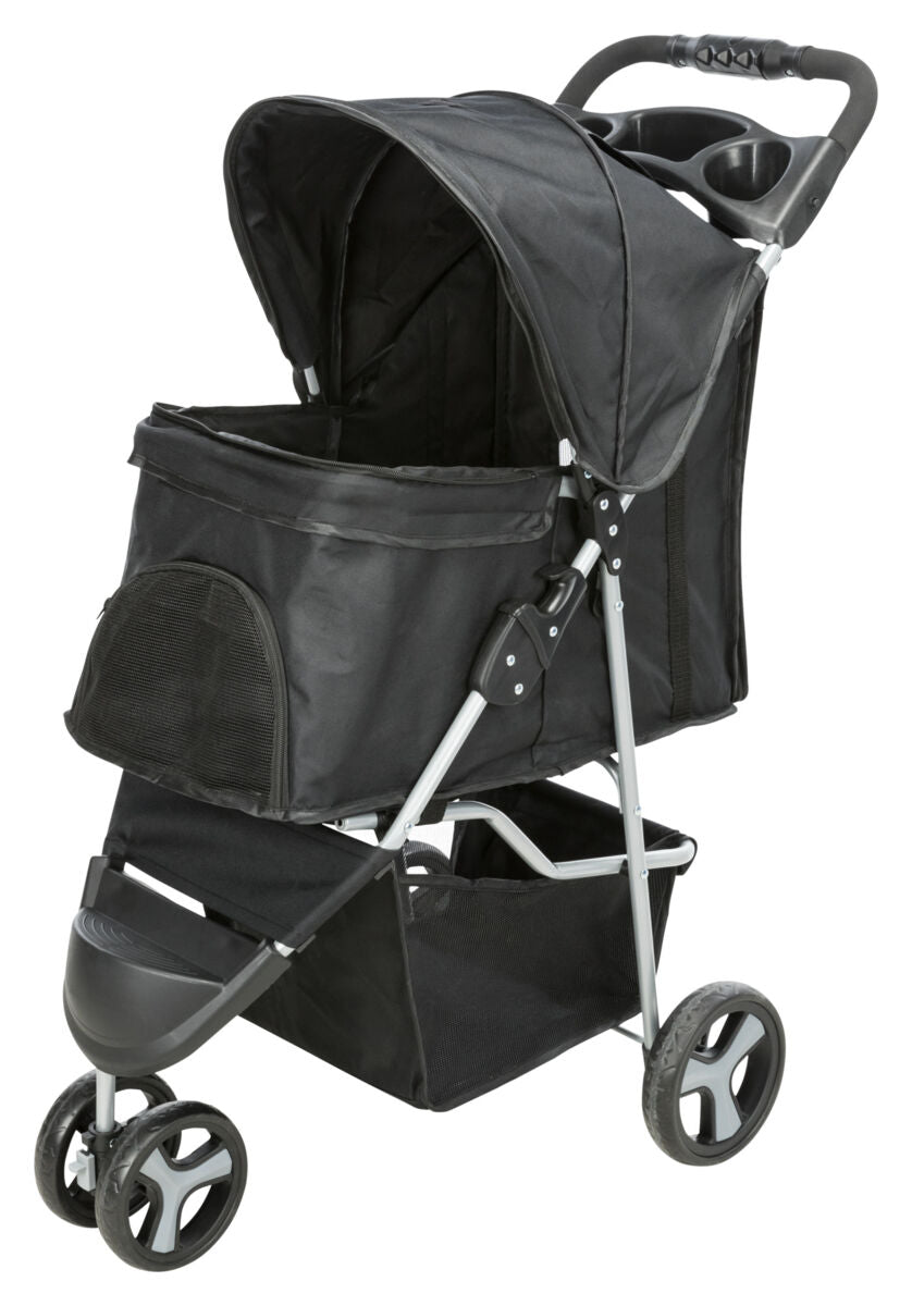 Schwarzer Kinderwagen mit drei Rädern, faltbarem Verdeck und Ablagefach, silberner Rahmen.