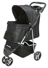 Schwarzer Kinderwagen mit drei Rädern, faltbarem Verdeck und Ablagefach, silberner Rahmen.