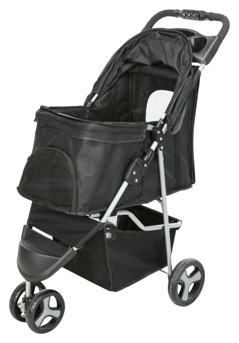 Schwarzer Kinderwagen mit drei Rädern und Stauraumfach, silberner Rahmen und gepolsterter Griff.