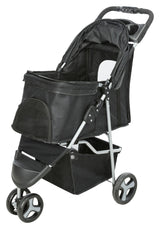 Schwarzer Kinderwagen mit drei Rädern und Stauraumfach, silberner Rahmen und gepolsterter Griff.