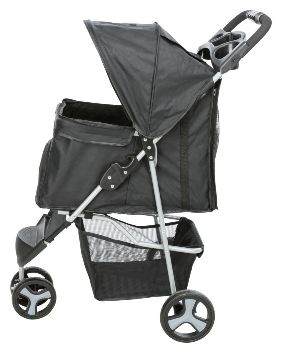 Schwarzer Kinderwagen mit drei Rädern, einem Verdeck, einem Griff mit Getränkehaltern und einem Unterkorb.