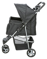 Schwarzer Kinderwagen mit drei Rädern, einem Verdeck, einem Griff mit Getränkehaltern und einem Unterkorb.